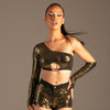 Glamour Glow Asymmetrisches Cut-Out Top Gold von KYNX: Glitzer-Top für Damen in Gold, Vorderansicht mit Cut-Out