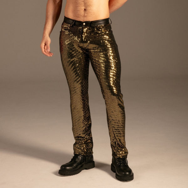 Glamour Glow Hose Gold von KYNX: Glitzer-Hose für Herren in Gold, Vorderansicht am Model