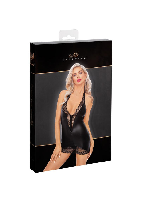 Elegantes Wetlook-Minikleid mit Spitzendetails F283 | Noir Handmade