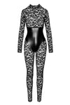 Langärmeliger Spitzen-Catsuit mit Wetlook-Unterbrustmieder | Noir Handmade