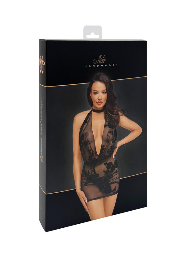 Netzkleid mit abnehmbarer Strasskette und Wildblockdruck | Noir Handmade