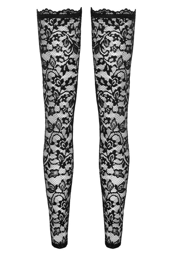 Elegante Spitzenstrümpfe mit Blumenmuster und Silikonband | Noir Handmade