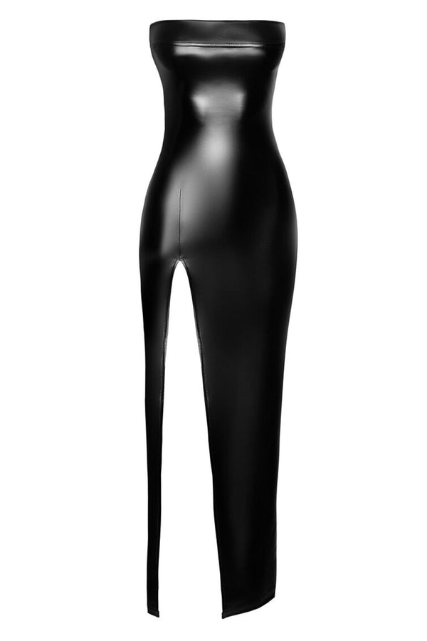 Langes Wetlook Kleid mit seitlichem Schlitz und Reißverschluss | Noir Handmade
