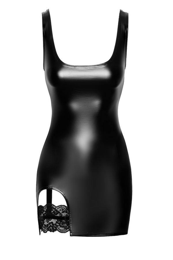 Wetlook Minikleid mit seitlicher Öffnung und Spitzendetails | Noir Handmade