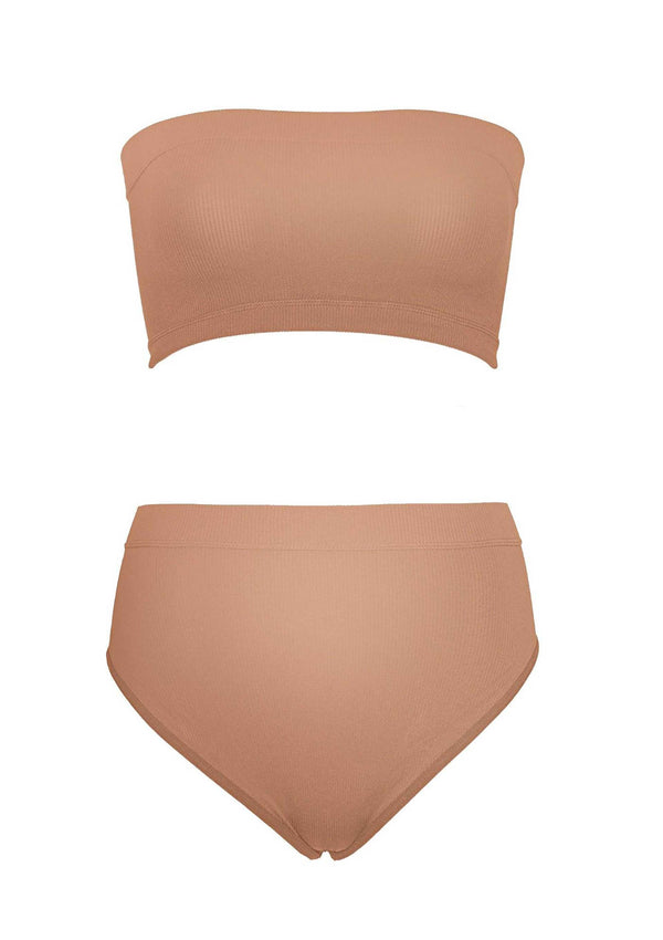 Hautfarbenes nahtloses geripptes Bandeau Set mit formendem High Waist Slip von Leg Avenue – Ansicht 4