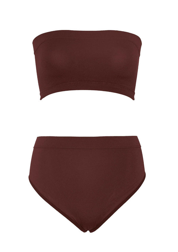Braunes verführerisches nahtloses Bandeau Set mit hochgeschnittenem Slip von Leg Avenue – Ansicht 4