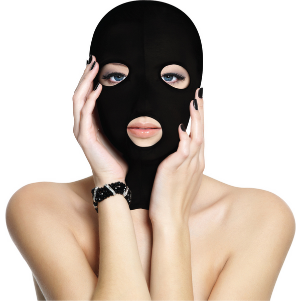 Schwarze elastische Kopfmaske mit praktischen Aussparungen für Gesicht und Augen von Ouch! by Shots