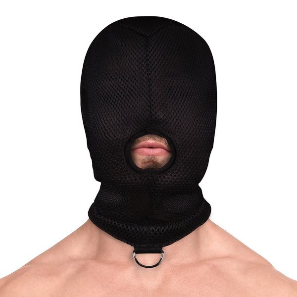 Schwarze mysteriöse Gesichtsmaske mit robustem Metallschlüsselring von Ouch! by Shots – Ansicht 3