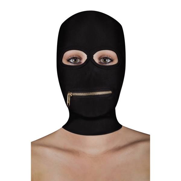 Schwarze geheimnisvolle Gesichtsmaske mit funktionellem Reißverschluss im Mundbereich von Ouch! by Shots