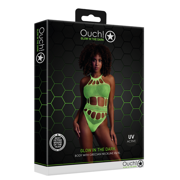 Grüner verführerischer UV-aktiver Body mit antikem Ausschnitt von Ouch! by Shots – Ansicht 2