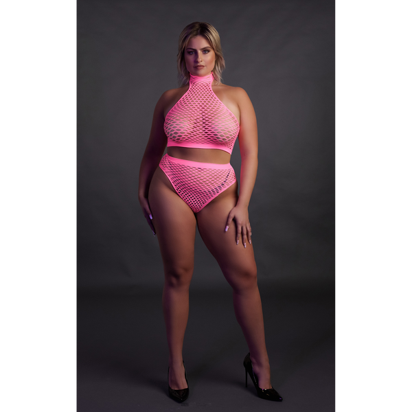 Pinkes leuchtendes Set mit Stehkragen und High Waist Slip von Ouch! by Shots – Ansicht 11