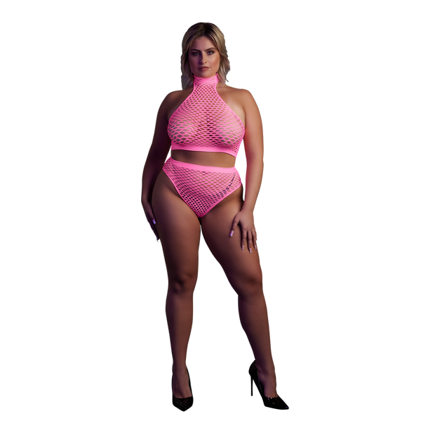Pinkes leuchtendes Set mit Stehkragen und High Waist Slip von Ouch! by Shots – Ansicht 8