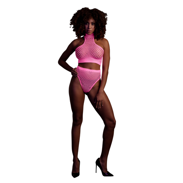 Pinkes leuchtendes Set mit Stehkragen und High Waist Slip von Ouch! by Shots