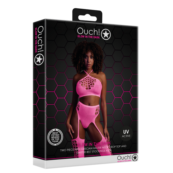 Pinkes leuchtendes zweiteiliges Neon Set mit Crop Top von Ouch! by Shots – Ansicht 2