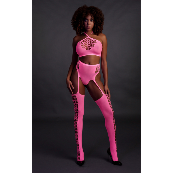 Pinkes leuchtendes zweiteiliges Neon Set mit Crop Top von Ouch! by Shots – Ansicht 4