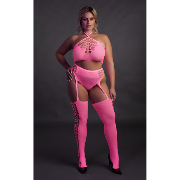 Pinkes leuchtendes zweiteiliges Neon Set mit Crop Top von Ouch! by Shots – Ansicht 11