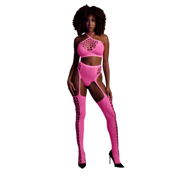 Pinkes leuchtendes zweiteiliges Neon Set mit Crop Top von Ouch! by Shots