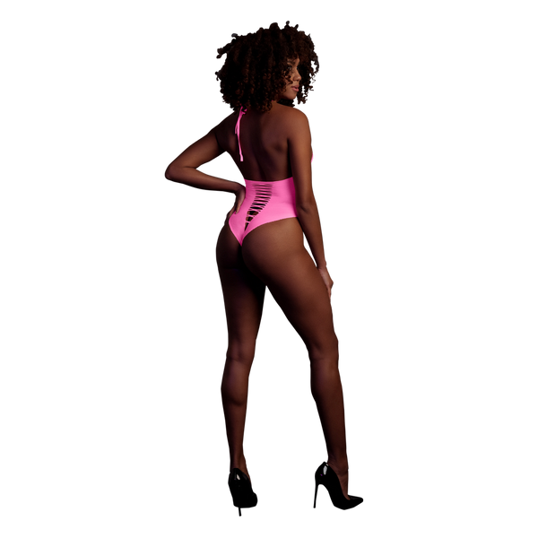 Pinker leuchtender High Cut Body mit elegantem Halterneck Design von Ouch! by Shots – Ansicht 3