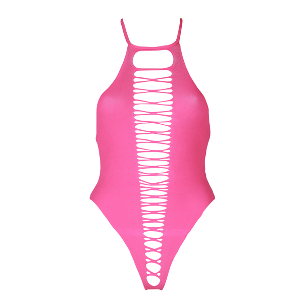 Pinker leuchtender High Cut Body mit elegantem Halterneck Design von Ouch! by Shots – Ansicht 13