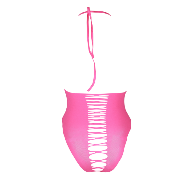 Pinker leuchtender High Cut Body mit elegantem Halterneck Design von Ouch! by Shots – Ansicht 14