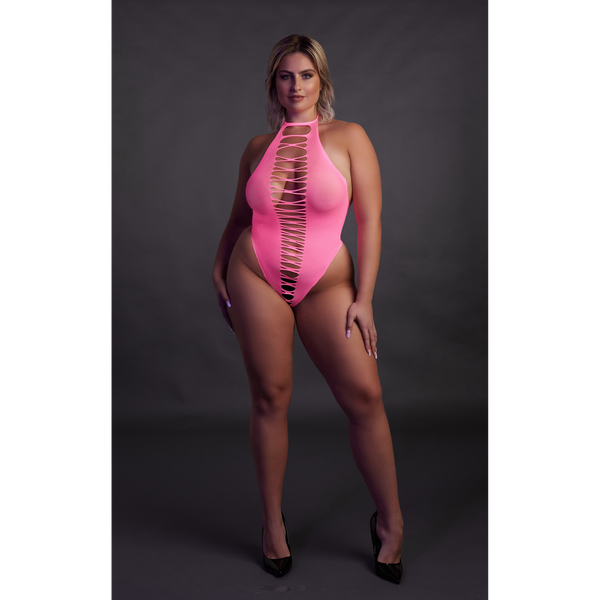 Pinker leuchtender High Cut Body mit elegantem Halterneck Design von Ouch! by Shots – Ansicht 11