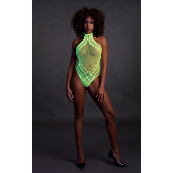 Grüner leuchtender Halterneck Body mit faszinierendem UV Effekt von Ouch! by Shots – Ansicht 4
