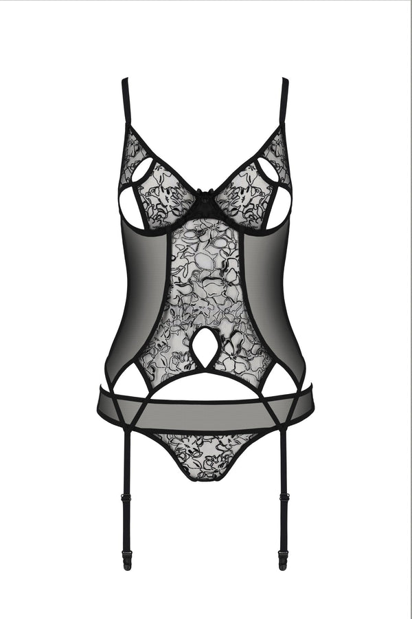 Transparentes Netz-Dessous-Set mit Strumpfhaltern und Bügel-BH | Passion