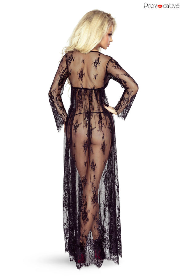 Langes transparentes Chemise mit Spitzendetails und passendem String | Provocative