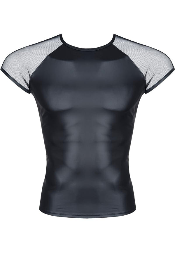 Shirt im matten Wetlook mit transparentem Schulterstoff | Regnes Fetish Planet