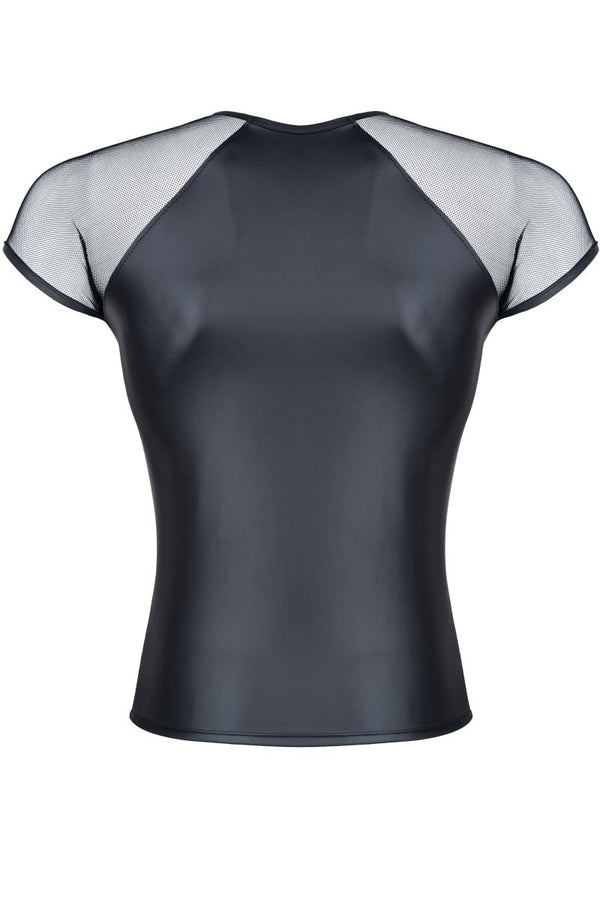 Shirt im matten Wetlook mit transparentem Schulterstoff | Regnes Fetish Planet