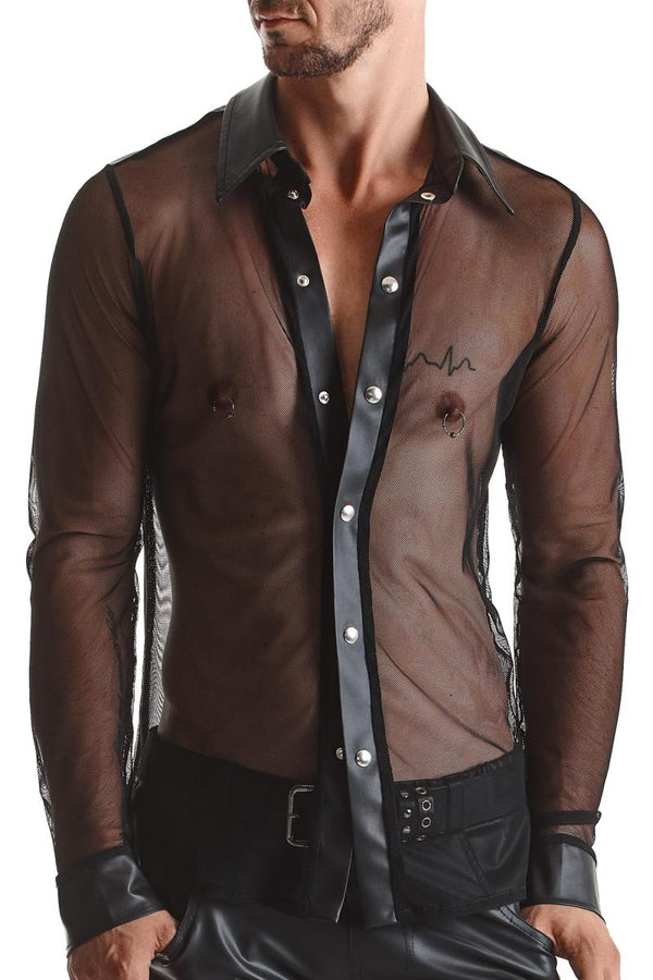 Herren Slim-Fit Hemd aus Wetlook-Mesh mit Metallknöpfen | Regnes Fetish Planet