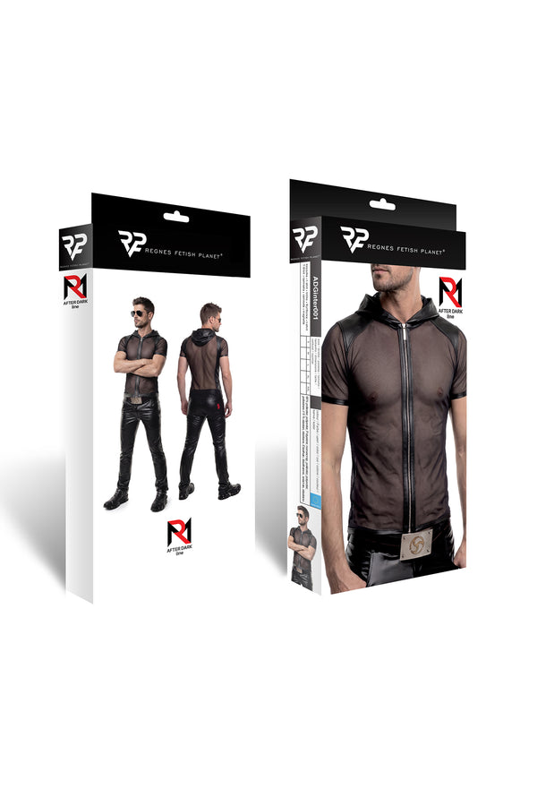 Schwarzes transparentes Herren-Shirt mit kapuze und praktischem reißverschluss | Regnes Fetish Planet