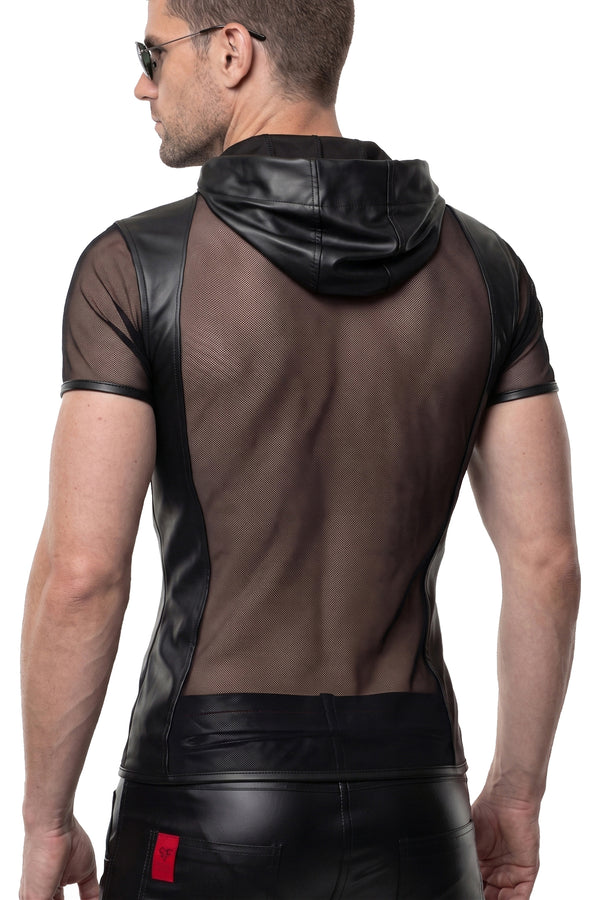Schwarzes transparentes Herren-Shirt mit kapuze und praktischem reißverschluss | Regnes Fetish Planet