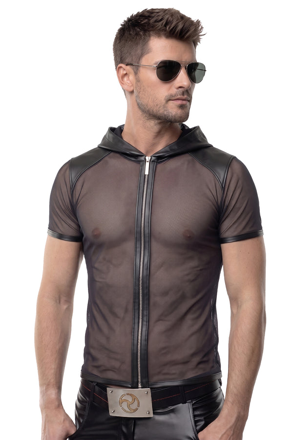 Schwarzes transparentes Herren-Shirt mit kapuze und praktischem reißverschluss | Regnes Fetish Planet