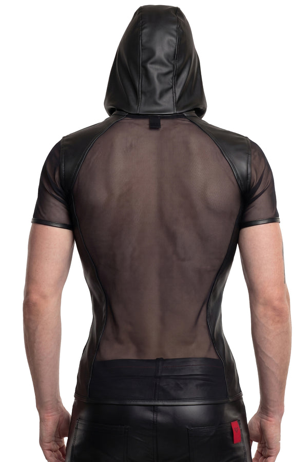 Schwarzes transparentes Herren-Shirt mit kapuze und praktischem reißverschluss | Regnes Fetish Planet