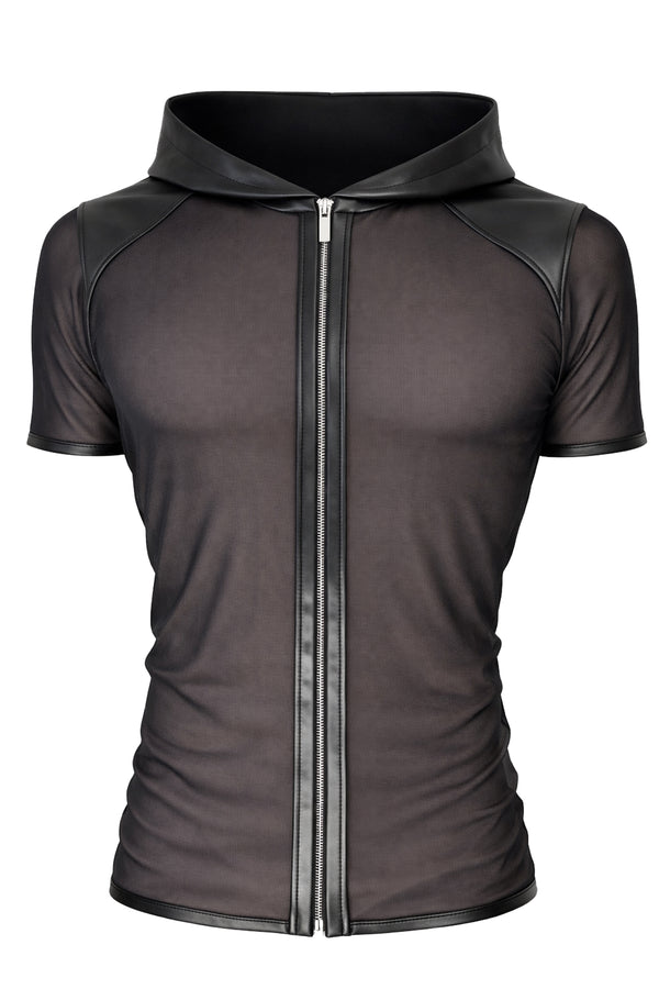 Schwarzes transparentes Herren-Shirt mit kapuze und praktischem reißverschluss | Regnes Fetish Planet