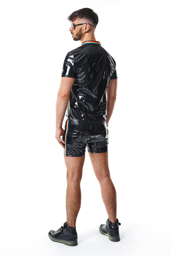 PVC Poloshirt mit Regenbogenfahne und Metallring | Regnes Fetish Planet