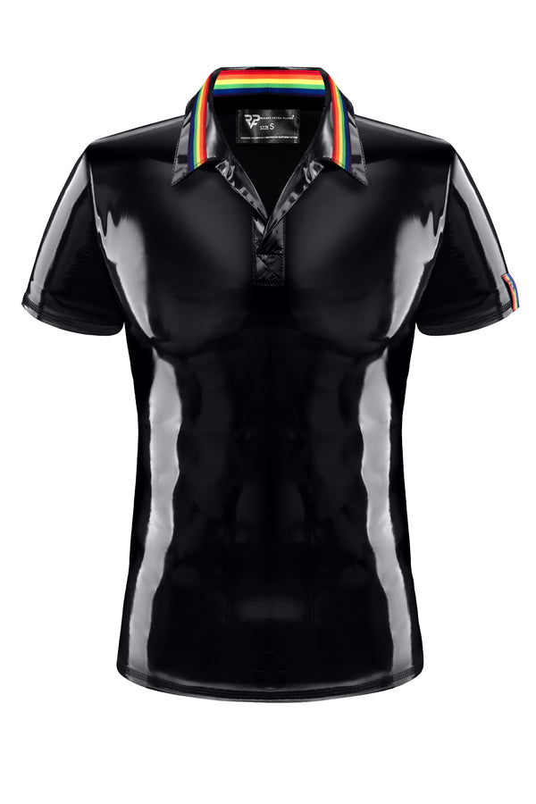 PVC Poloshirt mit Regenbogenfahne und Metallring | Regnes Fetish Planet
