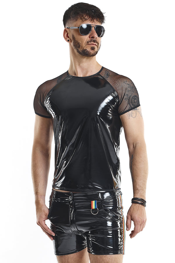 PVC Mesh T-Shirt mit Regenbogen-Patch für Herren | Regnes Fetish Planet