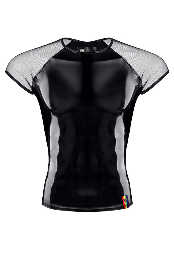 PVC Mesh T-Shirt mit Regenbogen-Patch für Herren | Regnes Fetish Planet