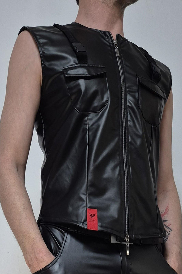 Herren Wetlook Weste mit Reißverschluss und Taschen | Regnes Fetish Planet