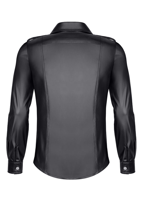 Schwarzes provokantes figurbetontes Wetlook Langarmhemd mit markanten Schulterklappen und Reißverschluss | Regnes Fetish Planet