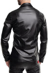 Schwarzes provokantes figurbetontes Wetlook Langarmshirt mit glänzenden Metalldetails | Regnes Fetish Planet