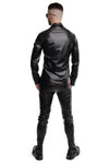 Schwarzes provokantes figurbetontes Wetlook Langarmshirt mit glänzenden Metalldetails | Regnes Fetish Planet