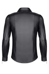 Schwarzes provokantes figurbetontes Wetlook Langarmshirt mit glänzenden Metalldetails | Regnes Fetish Planet