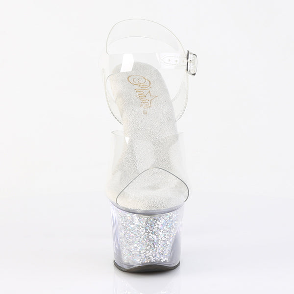 SKY-308RSI Plateau High Heel Sandaletten - Silber/Transparent Glitzer von Pleaser – Ansicht 3