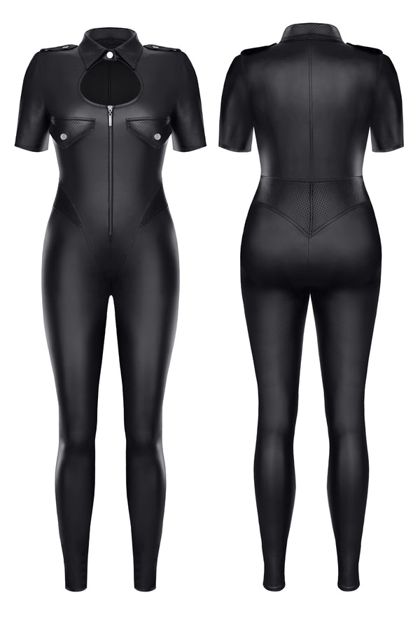 Militär Wetlook Catsuit TDMitsuko001 - Schwarzer Jumpsuit mit Reißverschluss | Demoniq