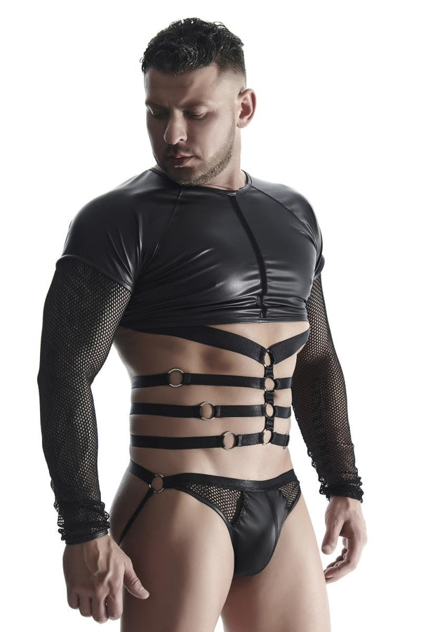 Transparentes Langarm-Netzshirt mit dehnbarem Harness-Einsatz | Regnes Fetish Planet