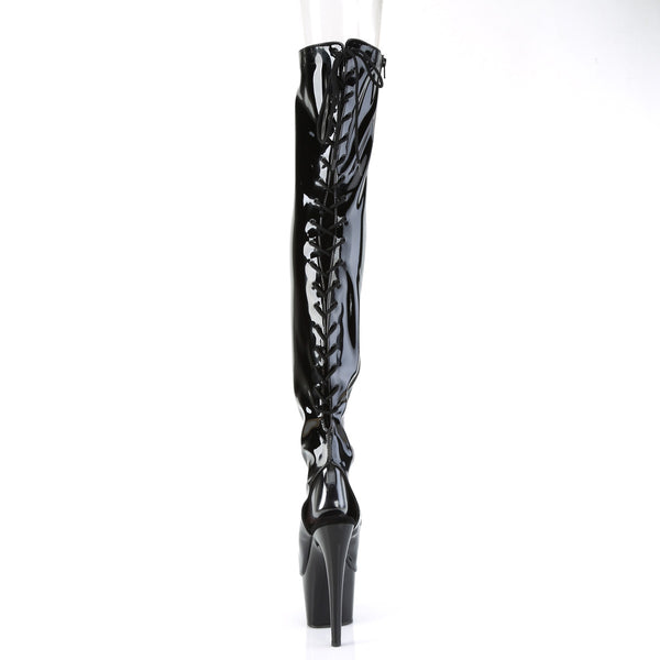 ADORE-3017 Plateau Peeptoe Overknee mit hinterer Schnürung - Schwarz Lack von Pleaser – Ansicht 4