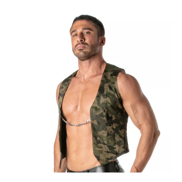 Khakifarbenes maskulines Camouflage Westchen mit abnehmbarer Kette von TOF Paris – Ansicht 4